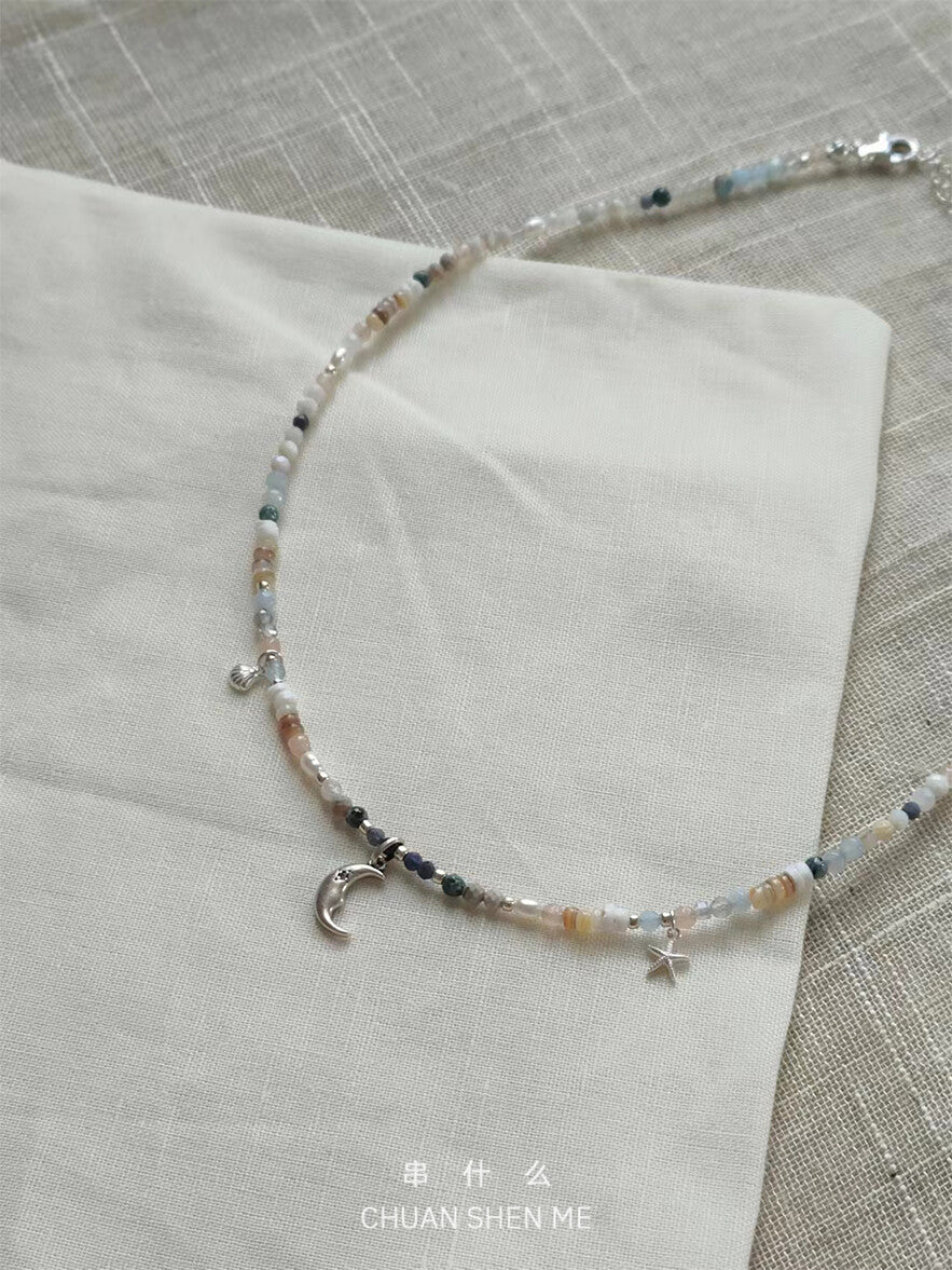 Summer Adventure Moon Shell Starfish Silver Necklace,Lumivault.