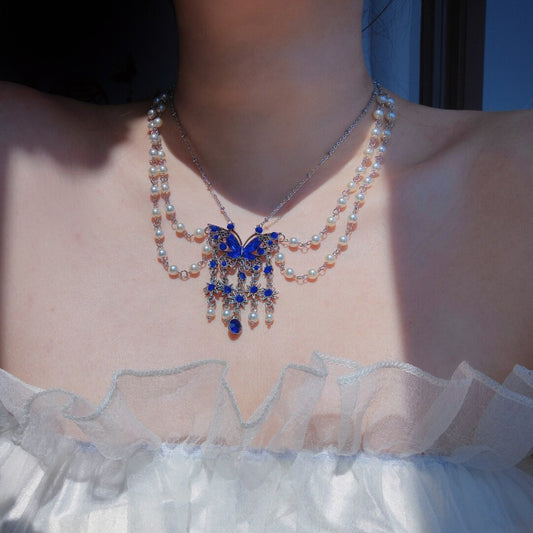 Blue Butterfly Glass Pearl Layered Necklace - Lumivault