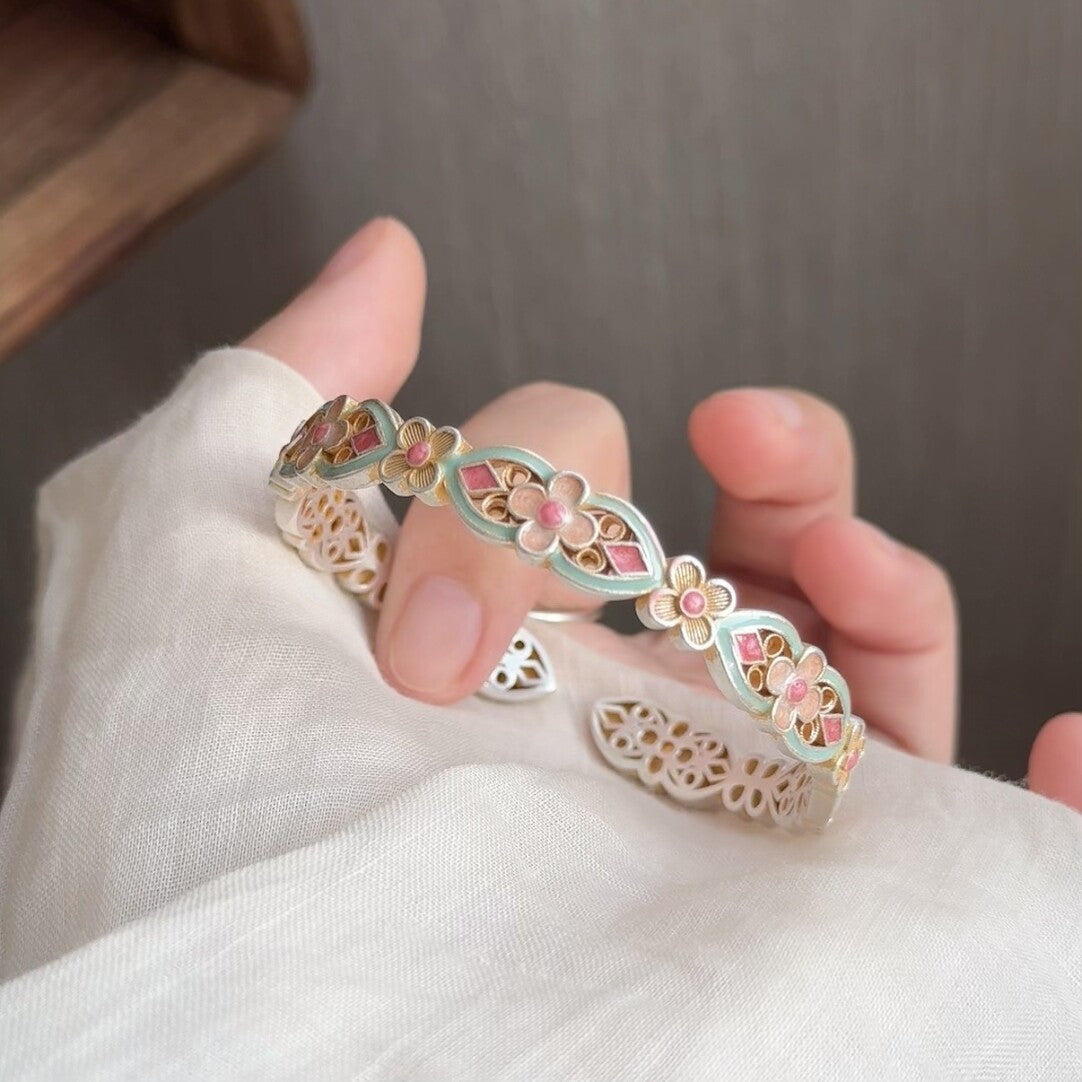 Chinoiserie Enamel Colorful Flower Silver Bracelet