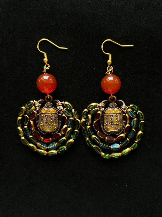 Egyptian Scarab Crystal Glass Beaded Earrings