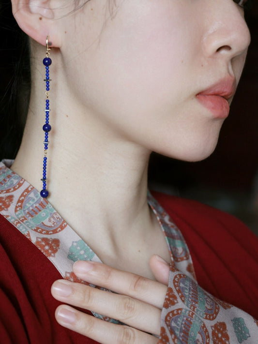 Chinoiserie Blue Line Long Earrings,Lumivault.