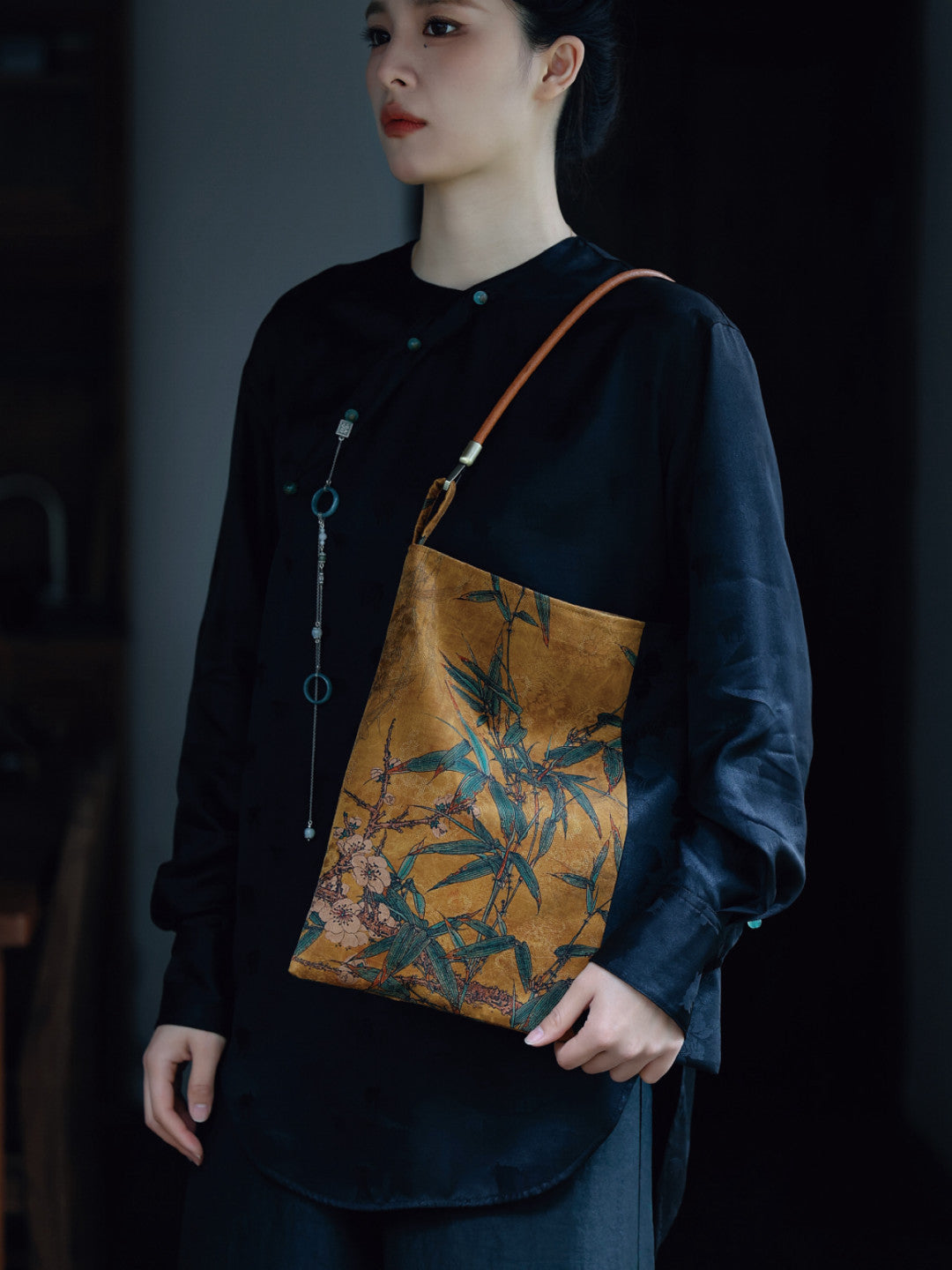 Chinoiserie Bamboo Blossom Silk Tote Bag - Lumivault