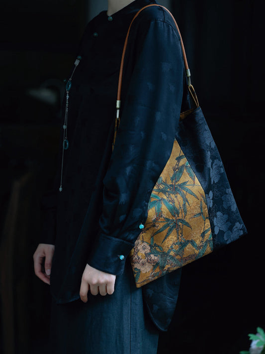 Chinoiserie Bamboo Blossom Silk Tote Bag - Lumivault