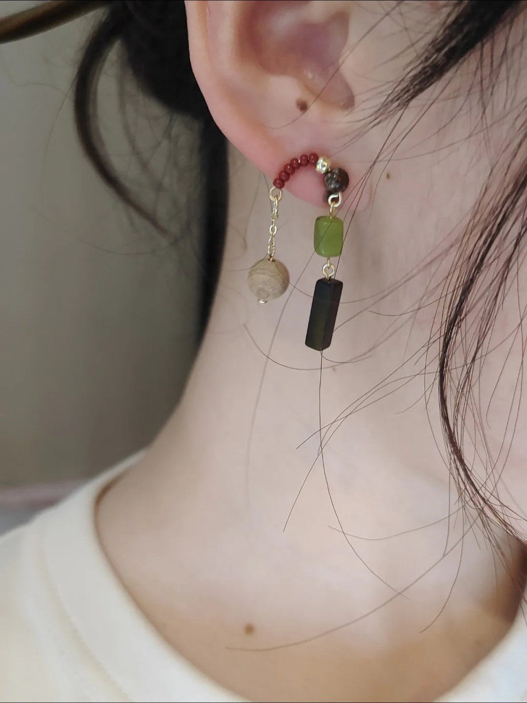 Chinoiserie Green Grape Natural Jade Sandalwood Beaded Earrings