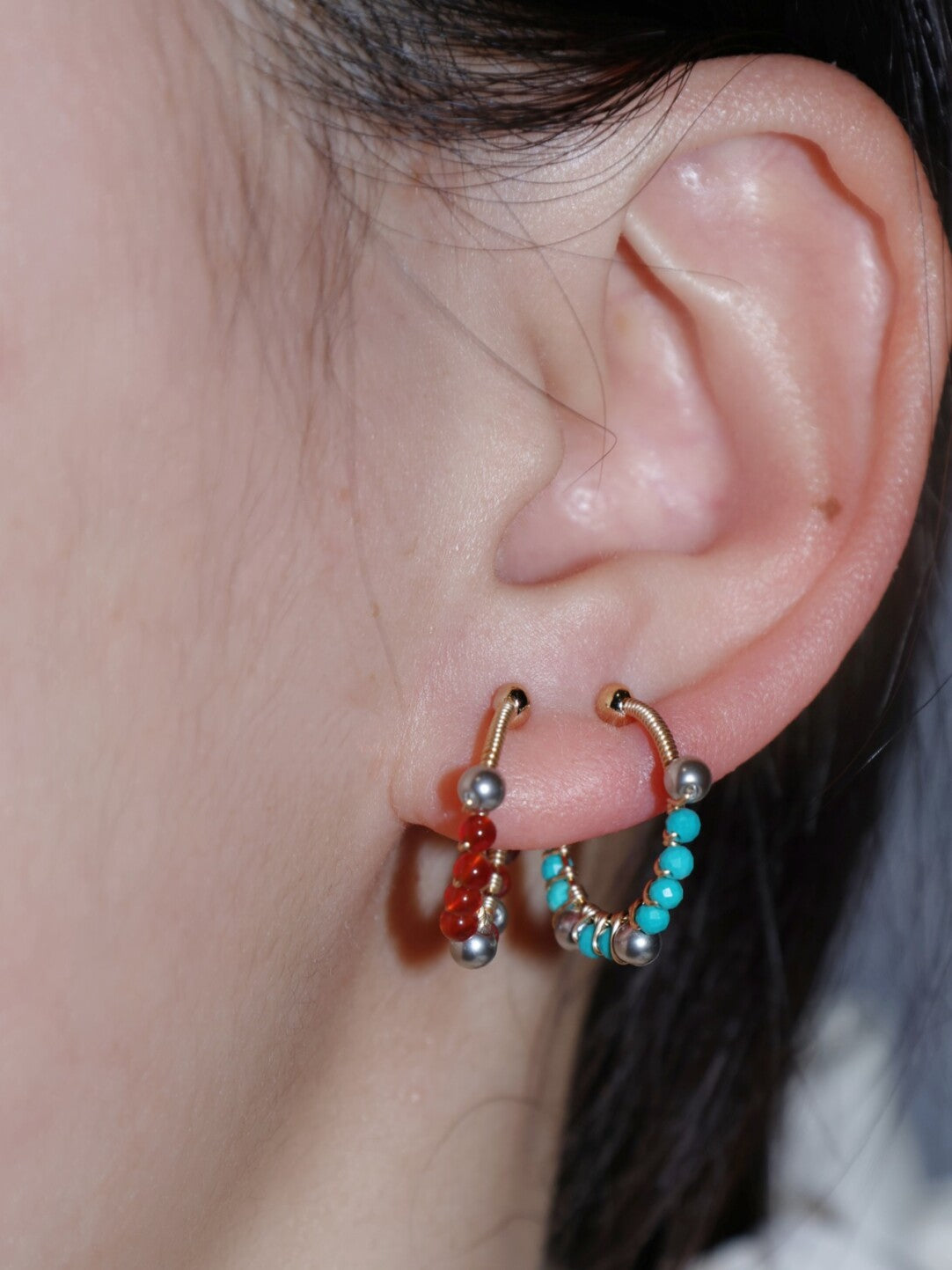 「Chinoiserie」Handmade Mini Red and Green Earring Clips - Lumivault