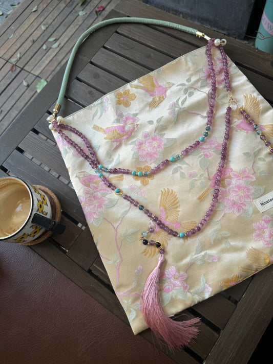 Chinoiserie Luxury Peach Blossom Magpie Purple Beads Tassel Silk Bag - Lumivault