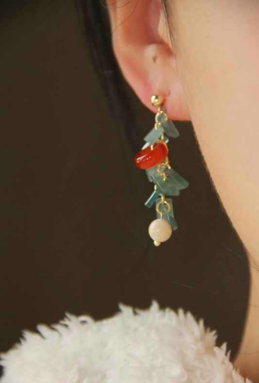 Chinoiserie Natural Jade Agate Bamboo Earrings