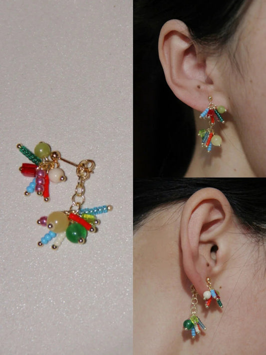 Chinoiserie Natural Jade Fireworks Beaded Earrings
