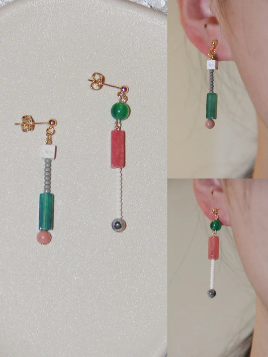 Chinoiserie Natural Jade Pink Peach Asymmetry Beaded Earrings