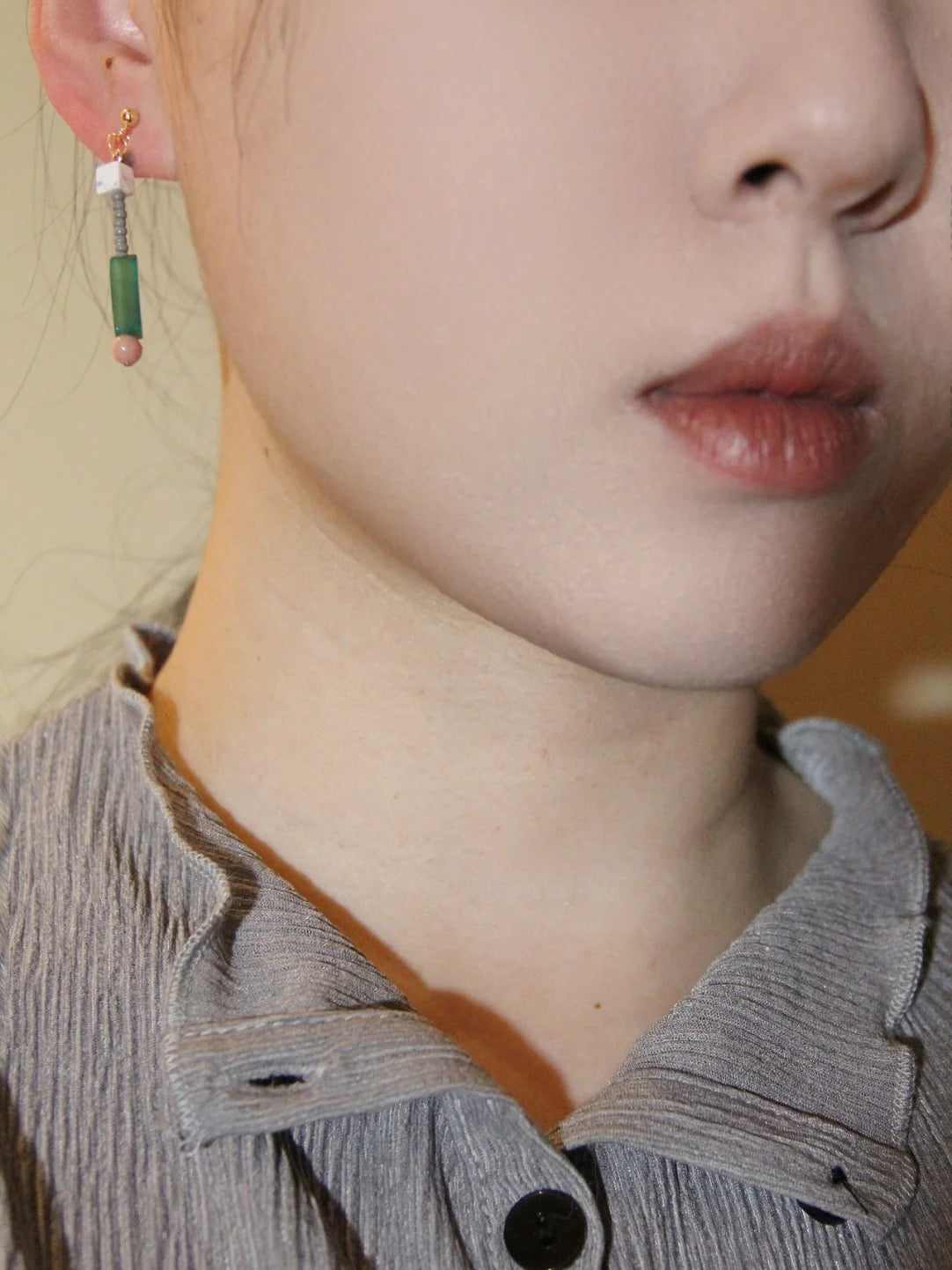Chinoiserie Natural Jade Pink Peach Asymmetry Beaded Earrings