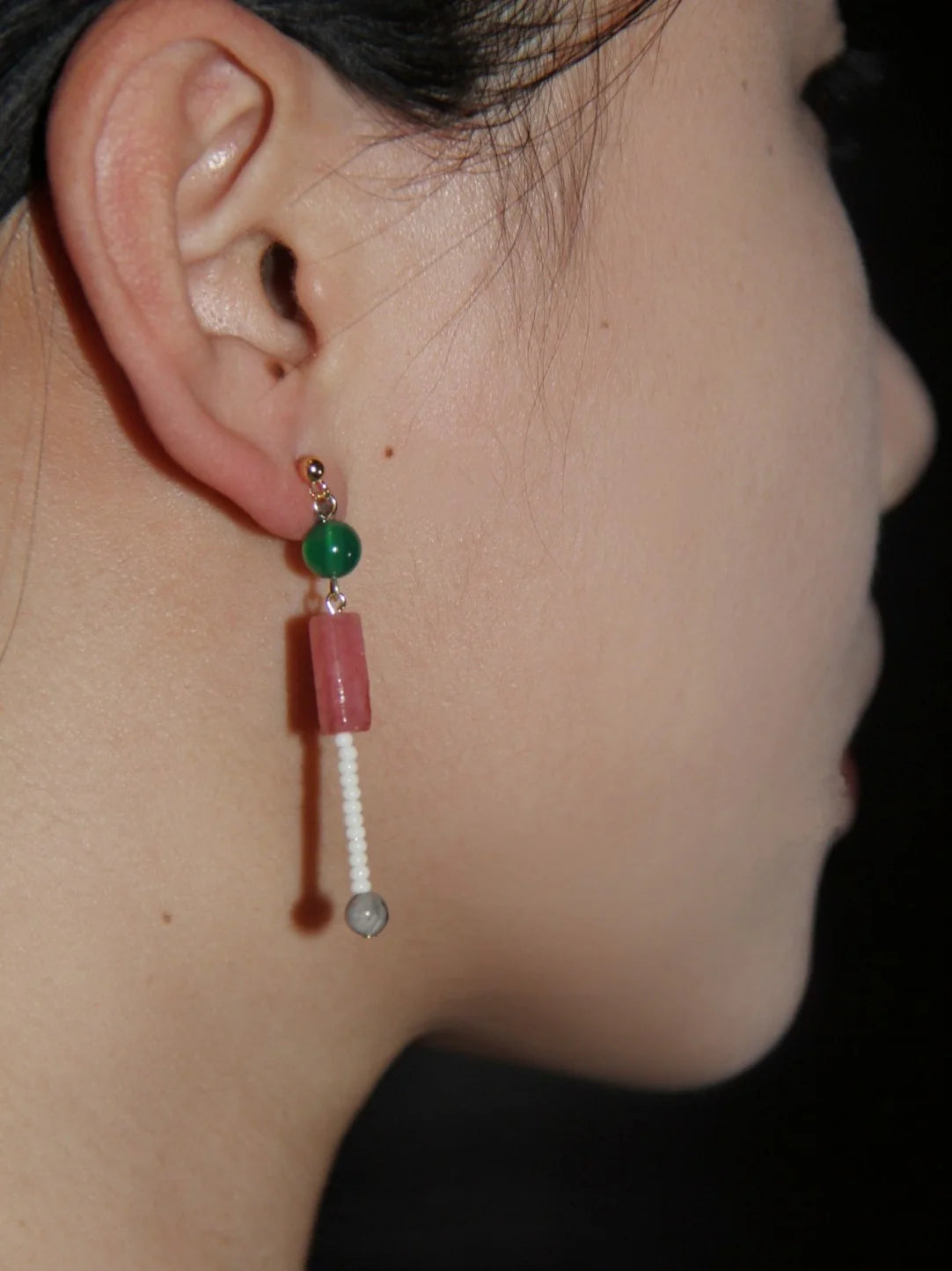 Chinoiserie Natural Jade Pink Peach Asymmetry Beaded Earrings