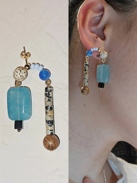 Chinoiserie Natural Sandalwood Asymmetric Blue Earrings
