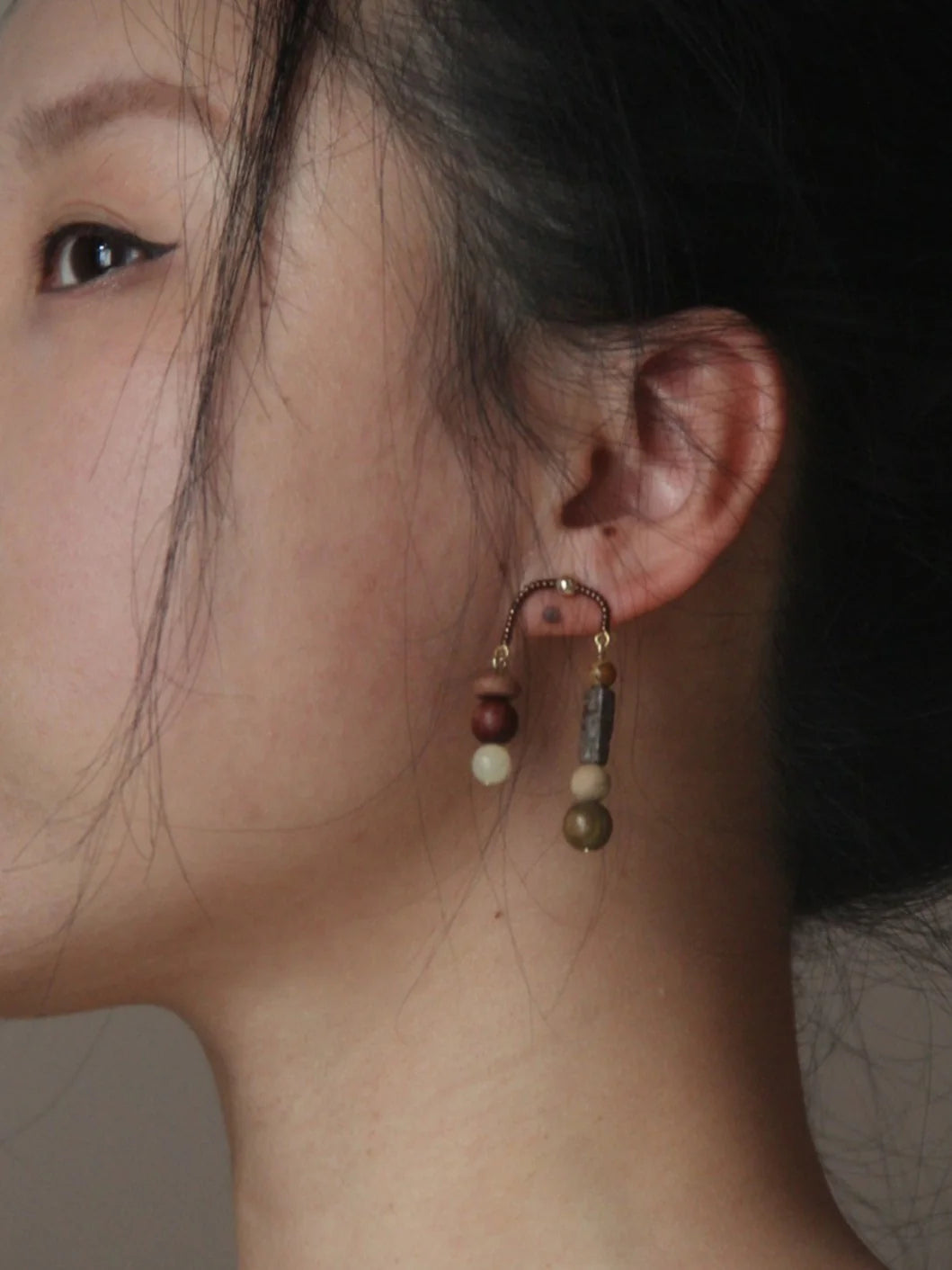 Chinoiserie Natural Sandalwood Asymmetrical Dangle Earrings