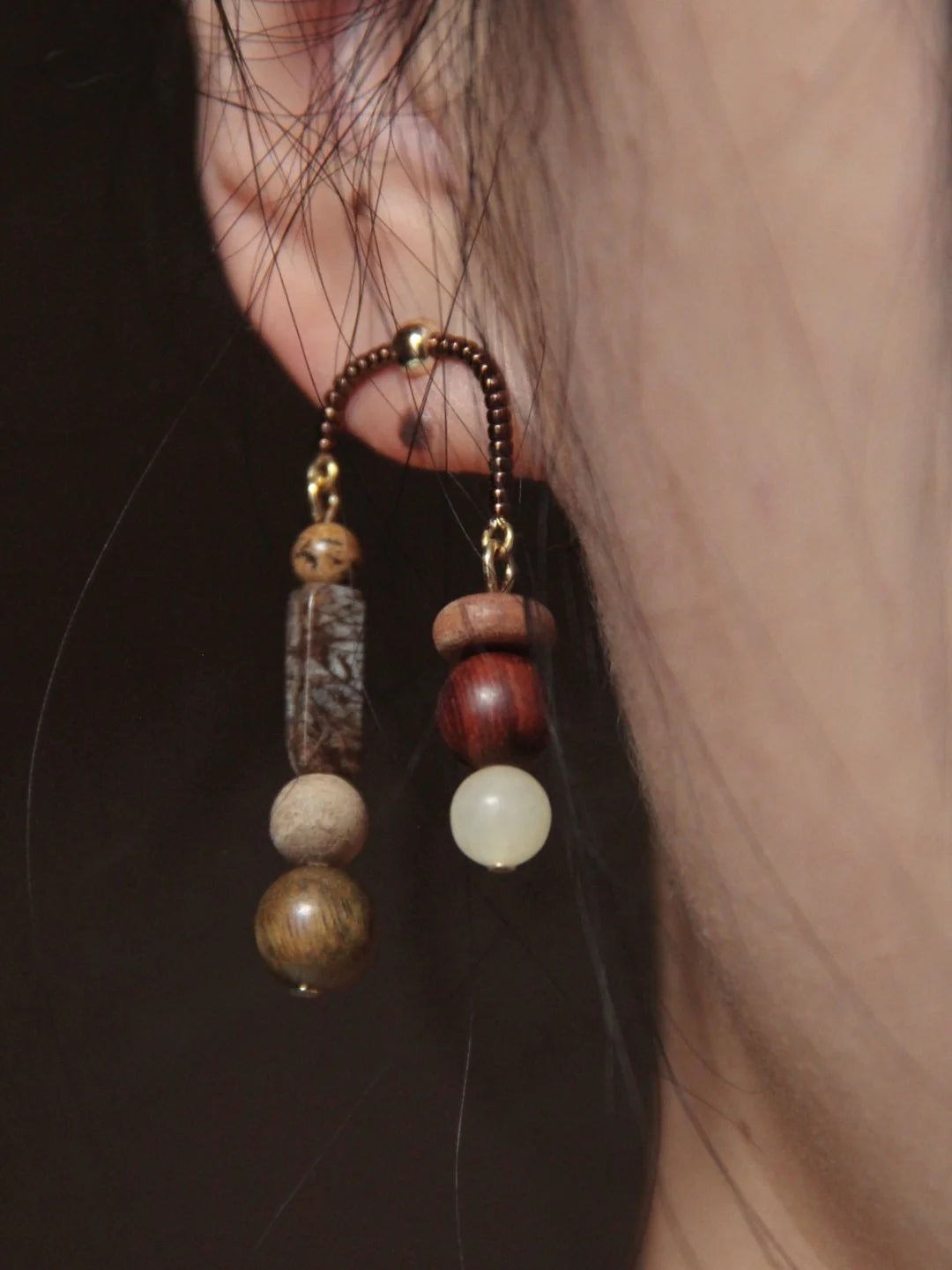 Chinoiserie Natural Sandalwood Asymmetrical Dangle Earrings