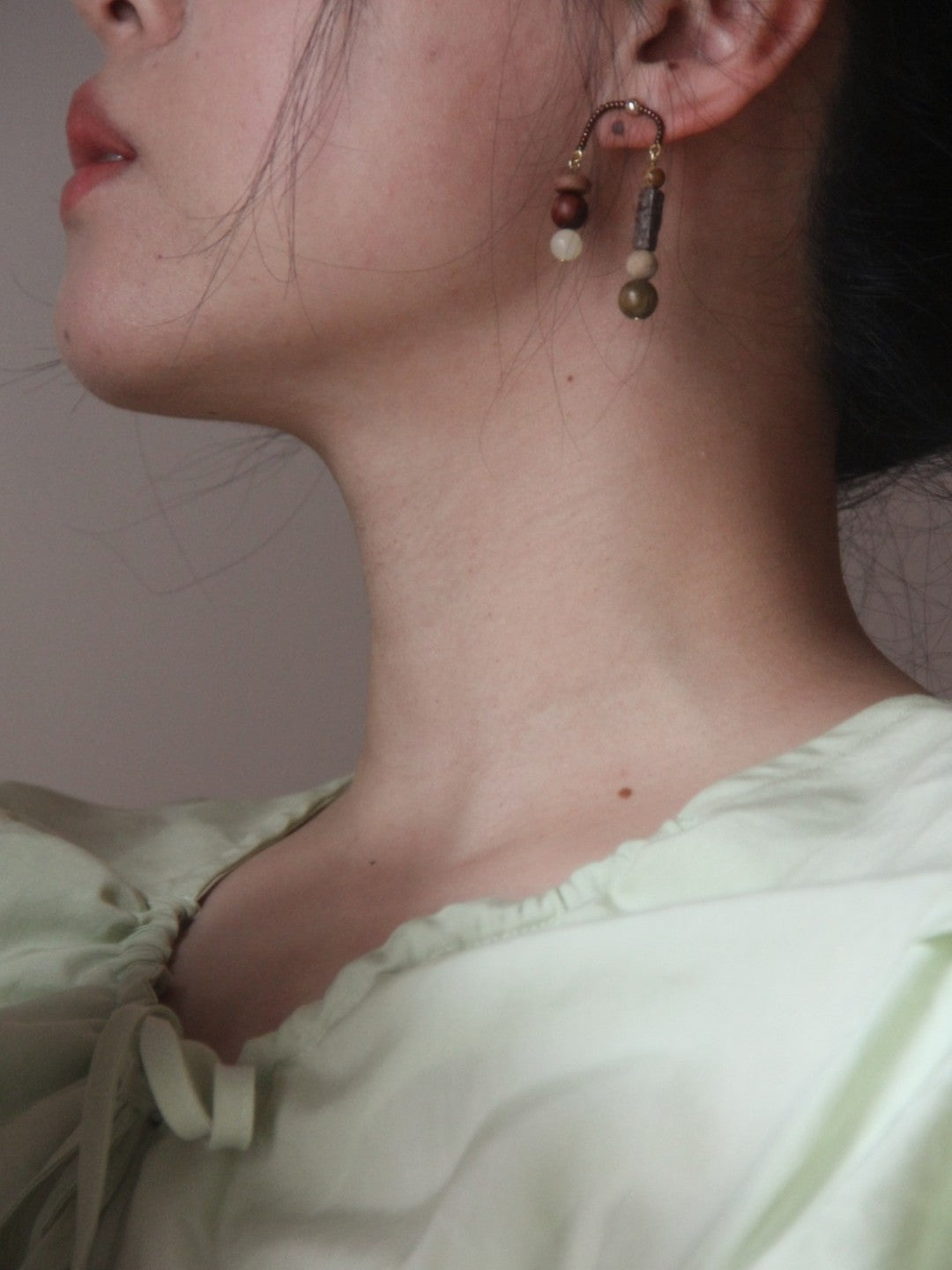 Chinoiserie Natural Sandalwood Asymmetrical Dangle Earrings