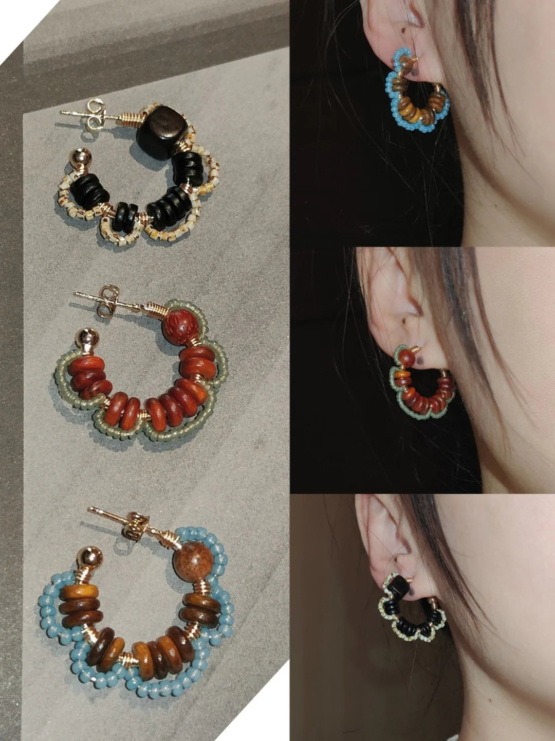 Chinoiserie Natural Sandalwood Flower Hoop Earrings - Lumivault