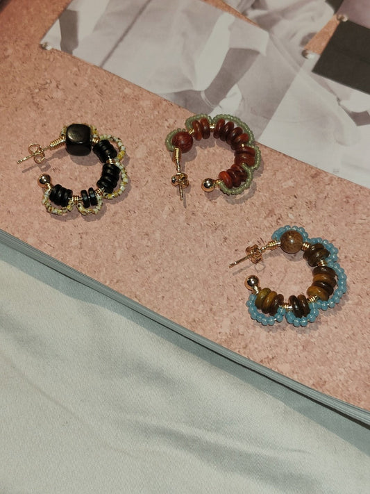 Chinoiserie Natural Sandalwood Flower Hoop Earrings