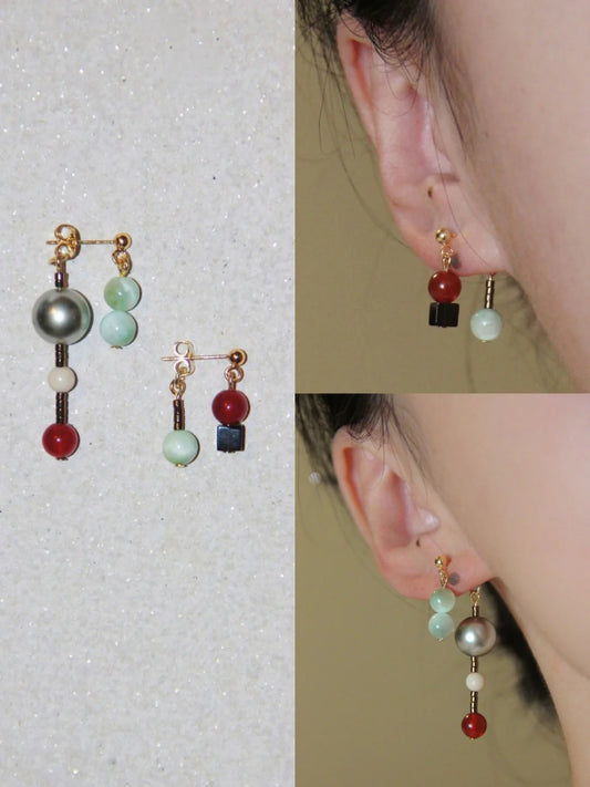 Chinoiserie Onyx Beaded Asymmetry Drop Earrings