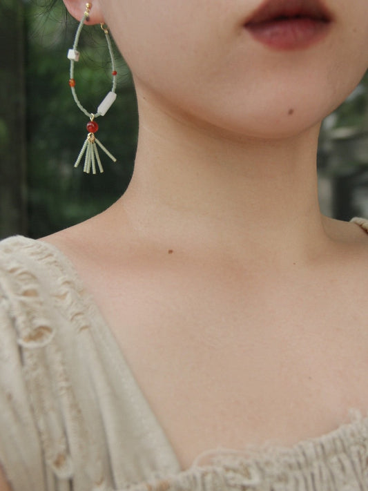 Chinoiserie Red Green Jade Beaded Hoop Earrings