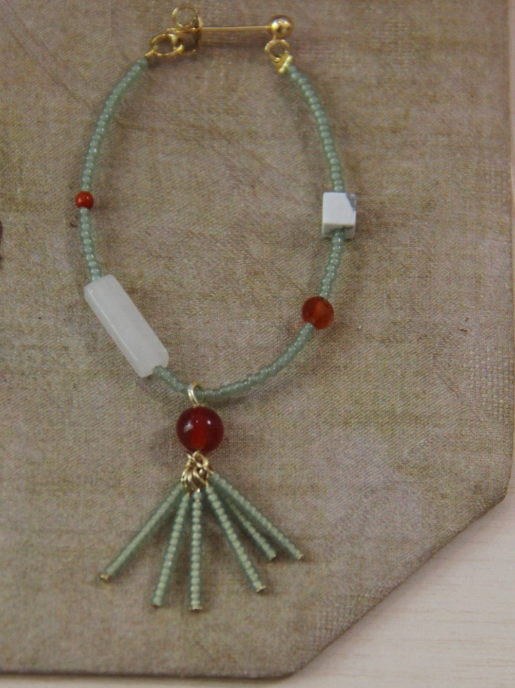 Chinoiserie Red Green Jade Beaded Hoop Earrings