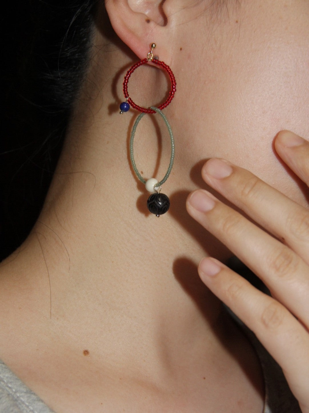 Chinoiserie Sandalwood Beaded Hoop Earrings