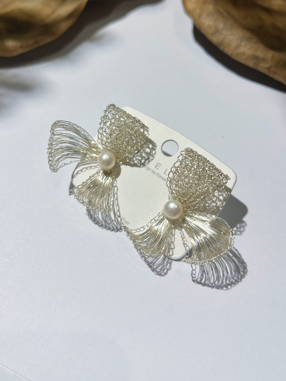 Metal Woven Bow Natural Pearl Earrings