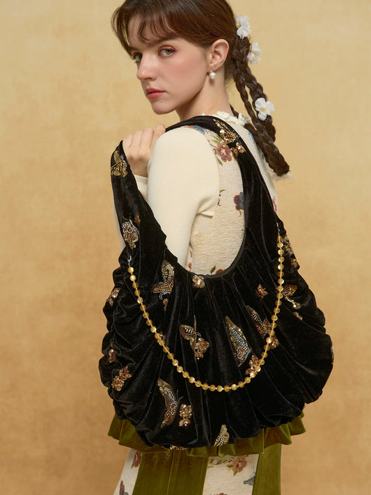 Regal Gilded Butterfly Velvet Tote Bag - Lumivault