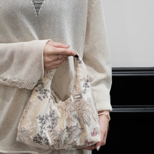 Chinoiserie Botanic Embroidery Beaded Hobo Bag - Lumivault