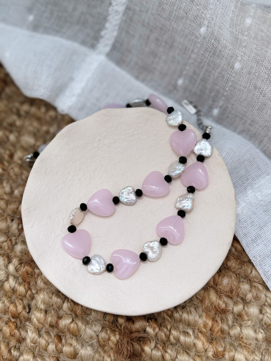 Pharpha Pink Glass Heart Baroque Pearl Necklace - Lumivault