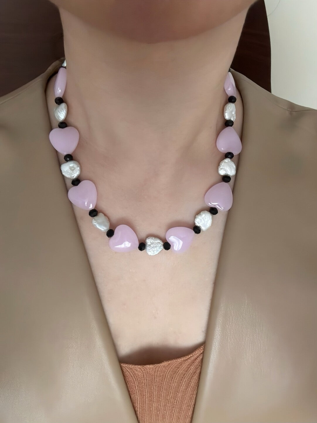 Pharpha Pink Glass Heart Baroque Pearl Necklace - Lumivault