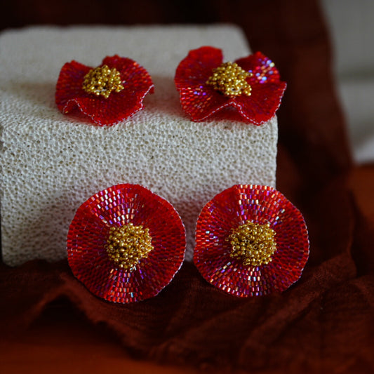 Red Camellia MIYUKI Beaded Earrings,Lumivault.