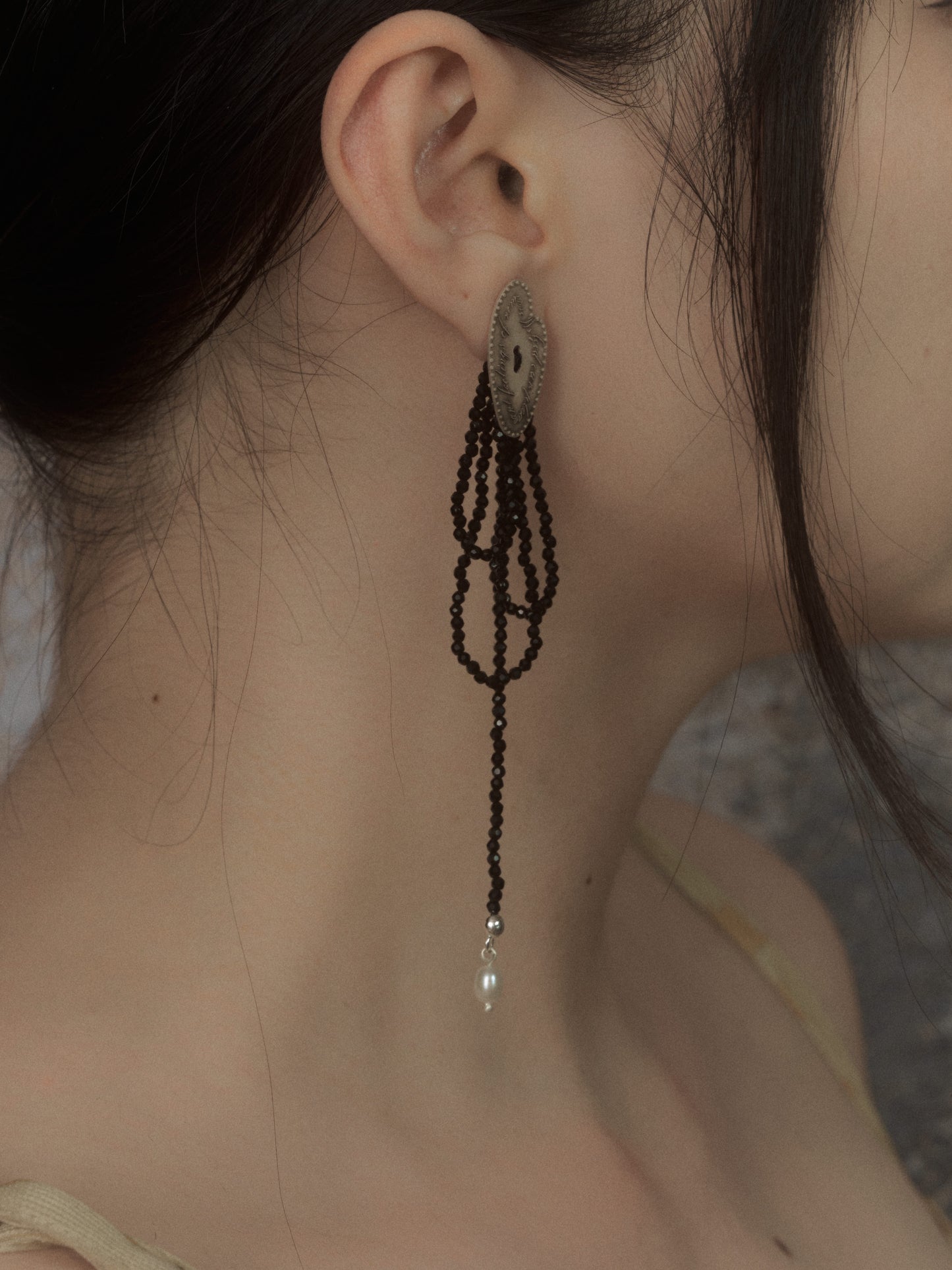 Thoughts Obsidian Pearl Drop Earrings