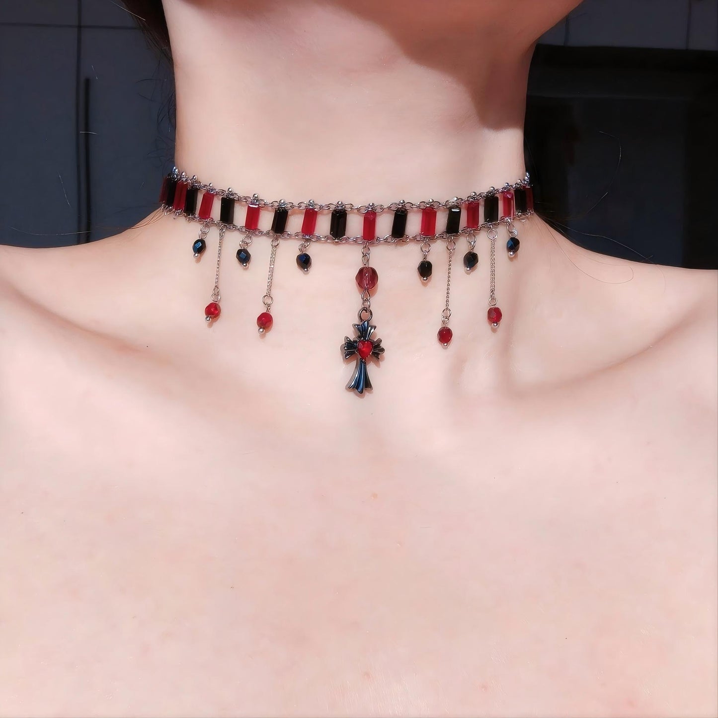 Black and Red Cross Choker,Lumivault.