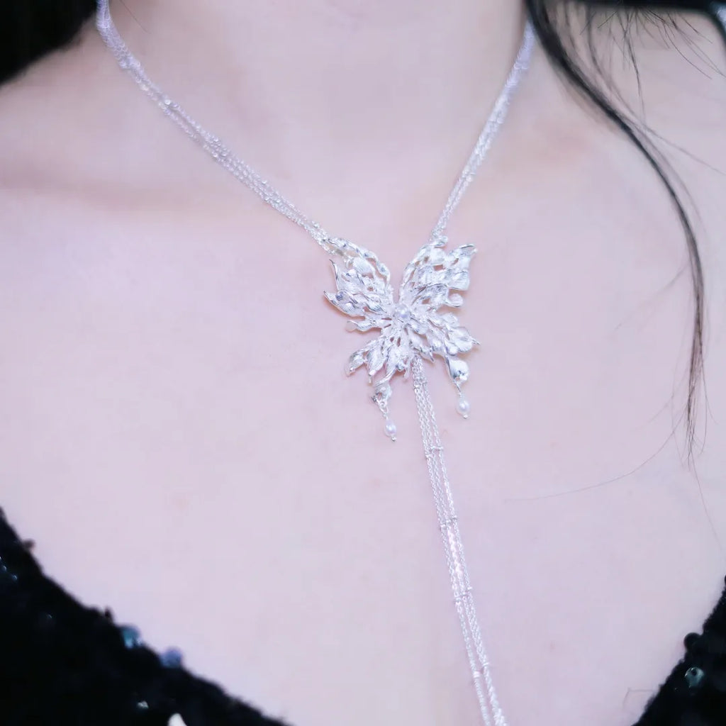 Spiral Pearl Butterfly Sterling Silver Sweater Necklace | US1026DX