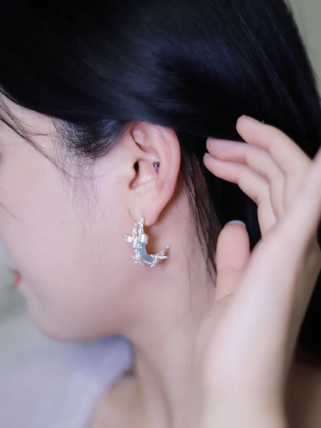 Moon Butterfly Jade Hoop Sterling Silver Earrings | US1018IP