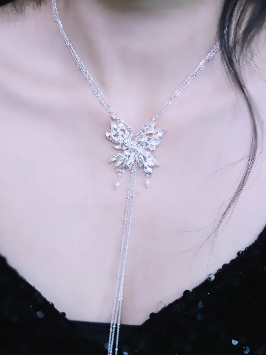 Spiral Pearl Butterfly Sterling Silver Sweater Necklace | US1026DX