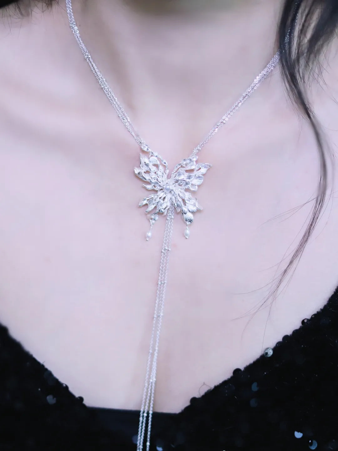 Spiral Pearl Butterfly Sterling Silver Sweater Necklace | US1026DX