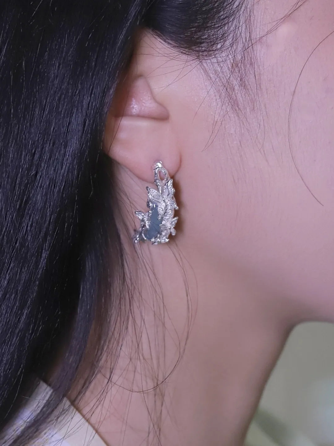 Moon Butterfly Jade Hoop Sterling Silver Earrings | US1018IP