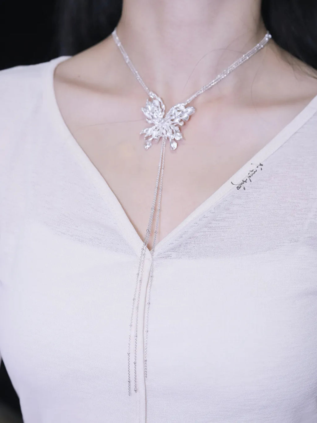 Spiral Pearl Butterfly Sterling Silver Sweater Necklace | US1026DX