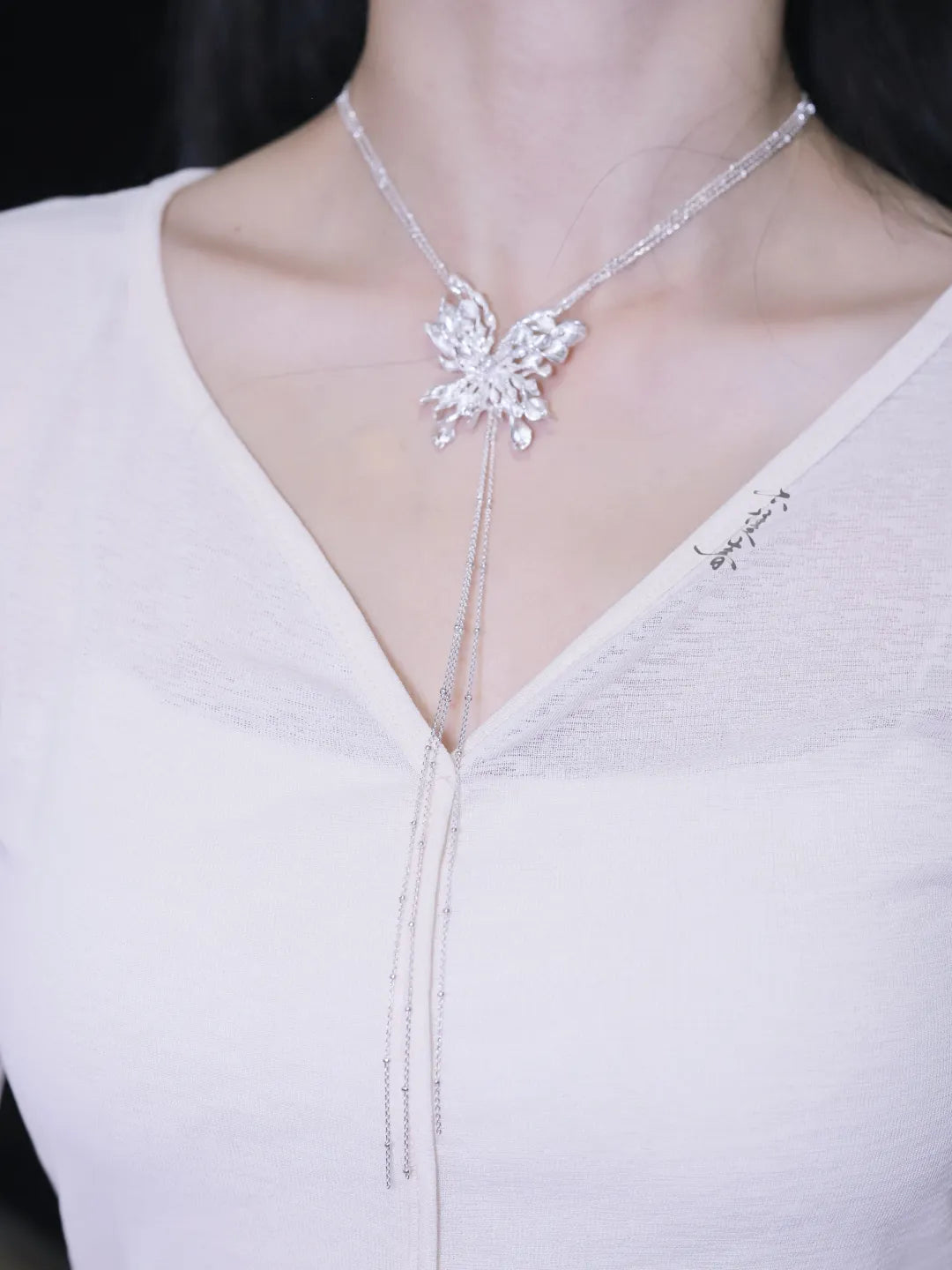 Spiral Pearl Butterfly Sterling Silver Sweater Necklace | US1026DX
