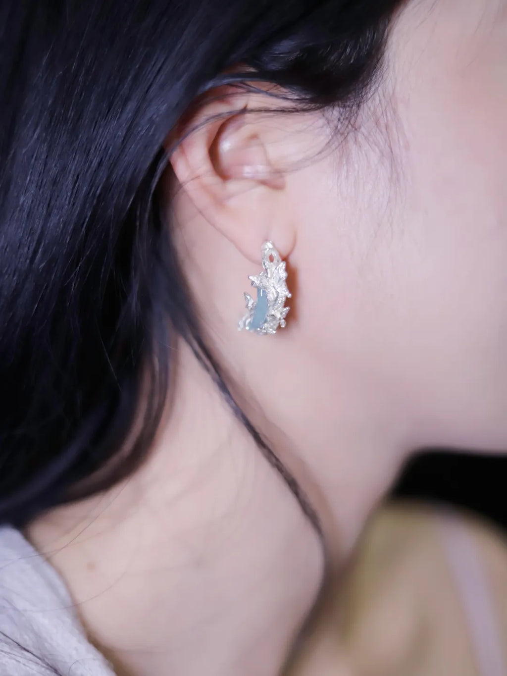 Moon Butterfly Jade Hoop Sterling Silver Earrings | US1018IP