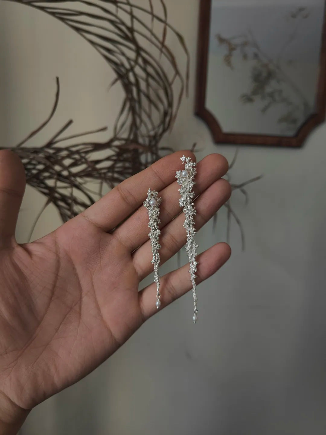 Long Cluster Flower Pearl Sterling Silver Earrings | US1006ZW - Lumivault