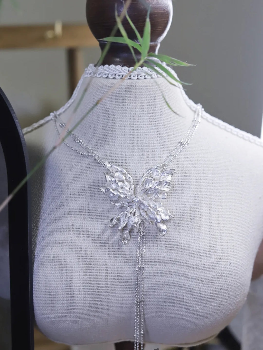 Spiral Pearl Butterfly Sterling Silver Sweater Necklace | US1026DX