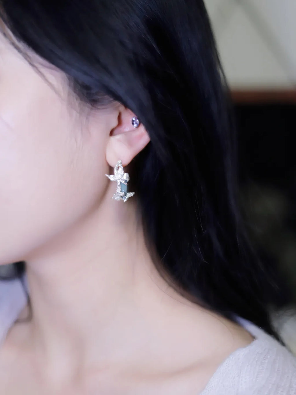 Moon Butterfly Jade Hoop Sterling Silver Earrings | US1018IP