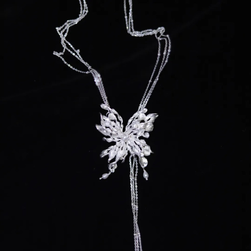 Spiral Pearl Butterfly Sterling Silver Sweater Necklace | US1026DX