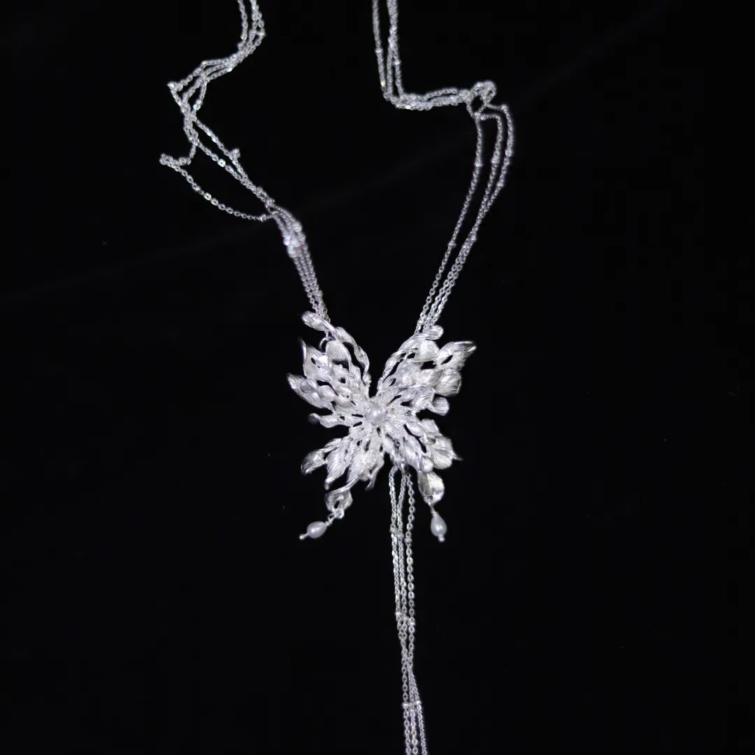 Spiral Pearl Butterfly Sterling Silver Sweater Necklace | US1026DX