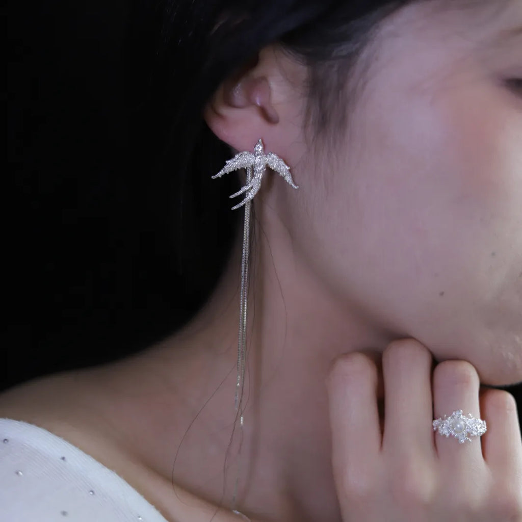 Paired Swallow Tassel Sterling Silver Earrings | US1014DW