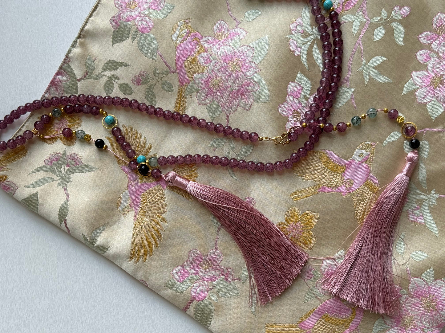 Chinoiserie Luxury Peach Blossom Magpie Purple Beads Tassel Silk Bag - Lumivault