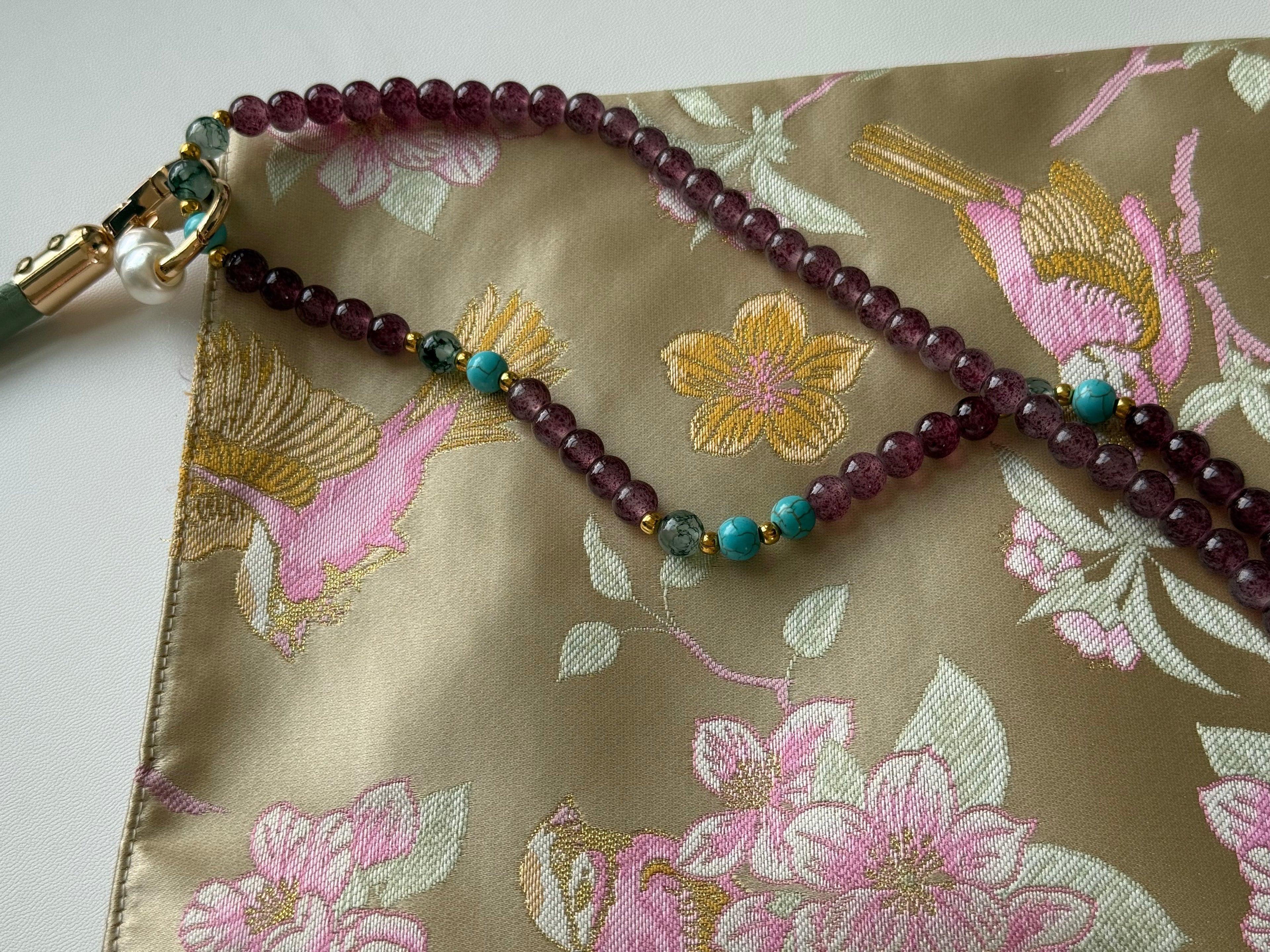 Chinoiserie Luxury Peach Blossom Magpie Purple Beads Tassel Silk Bag - Lumivault