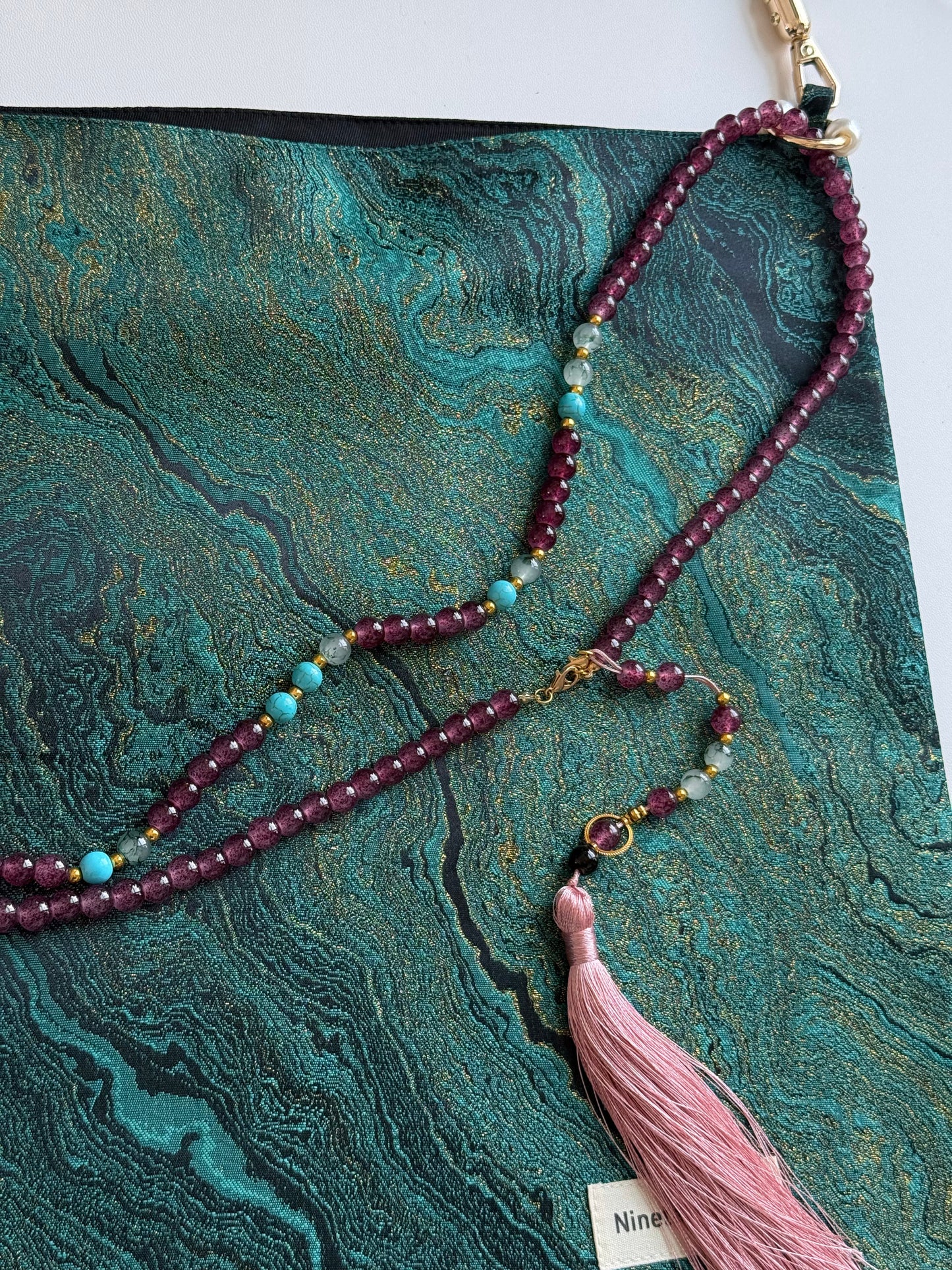Chinoiserie Luxury Green Metallic Jade Beaded Tassel Silk Bag - Lumivault